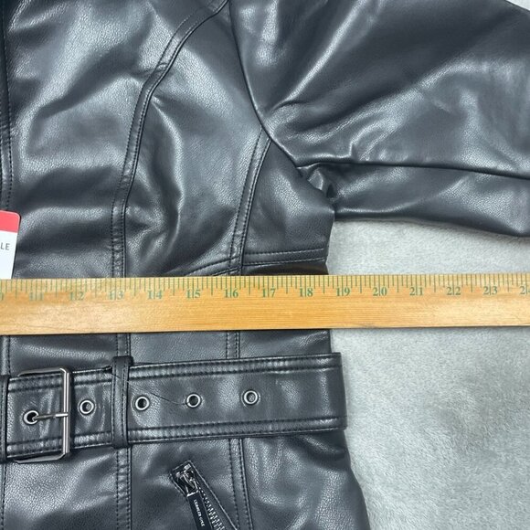 Kenneth Cole Black Faux Leather Belted Jacket Mid-Length Women’s Medium M d0297 - Picture 5 of 8